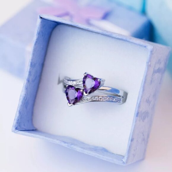 🔥925 Silver Plated Purple Double Heart-Shaped CZ Ring, MLNN1215 - Picture 2 of 2